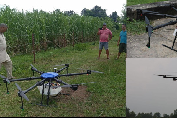 ड्रोनबाट मल र विषादी छर्किँदै किसान बडायक